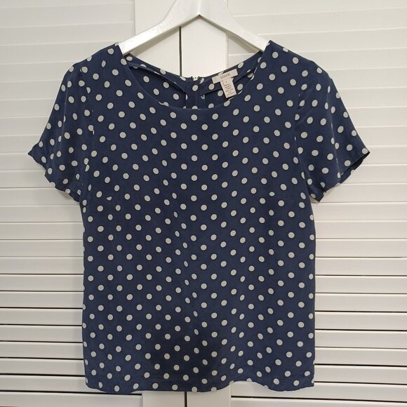 J Crew Blouse 100% Silk Dark Navy Blue Polka Dot Back Zip Size 2 - Picture 2 of 9